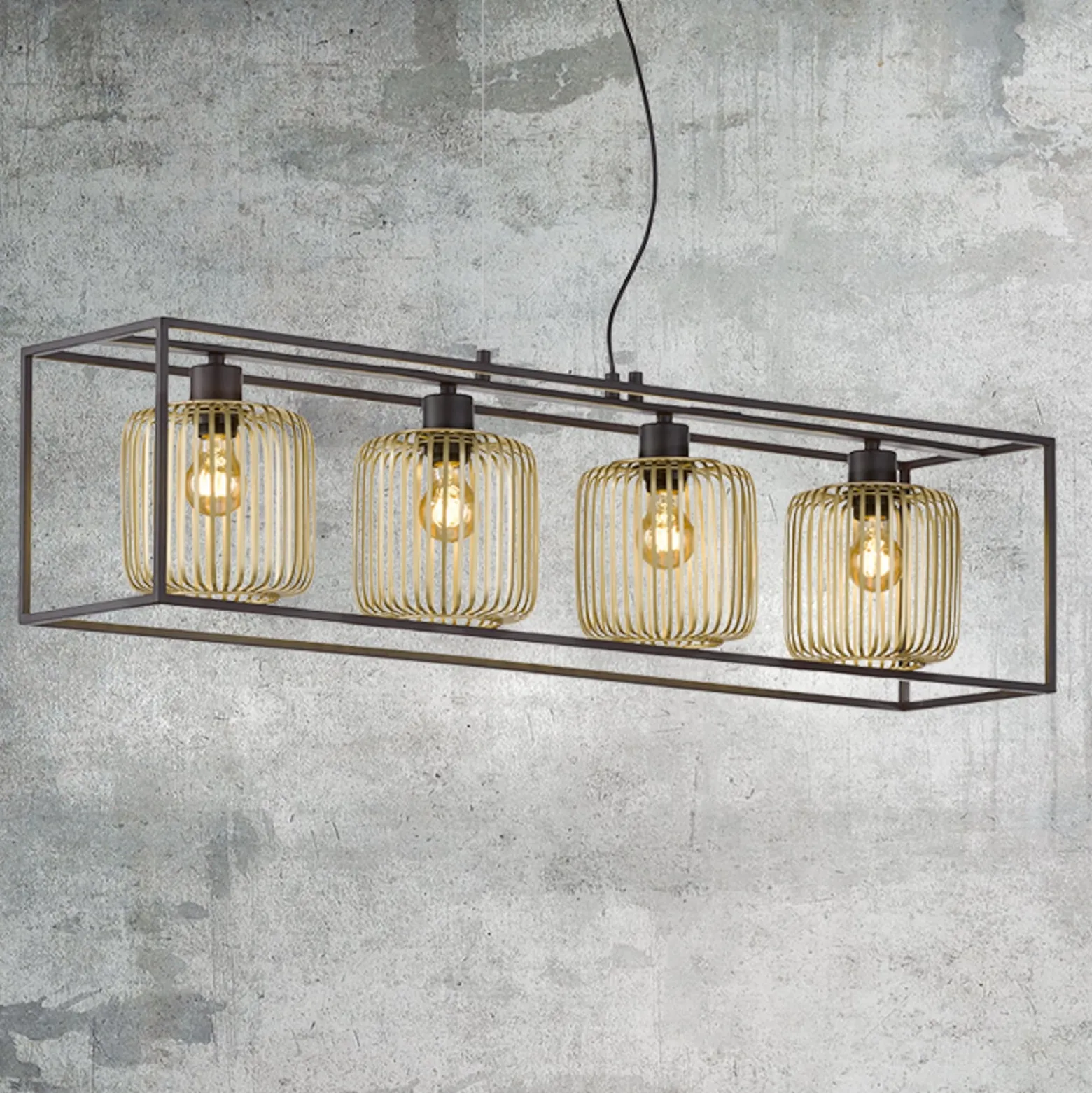 Hängeleuchte Caydo, schwarz matt/gold, Länge 110 cm, 4-flg.