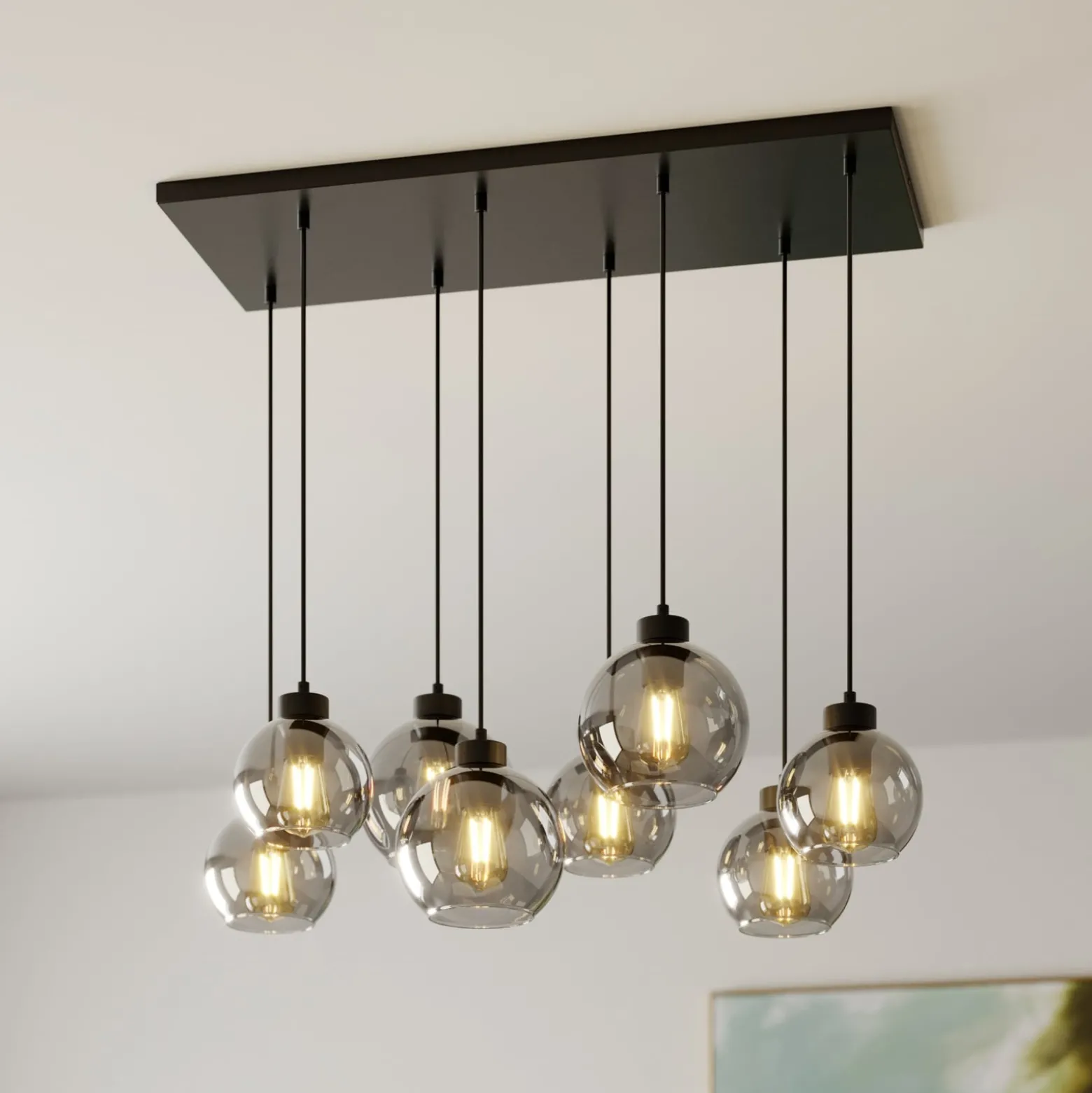 Hängeleuchte Cubus, 95 cm lang, 8-flammig, rauchgrau, Glas