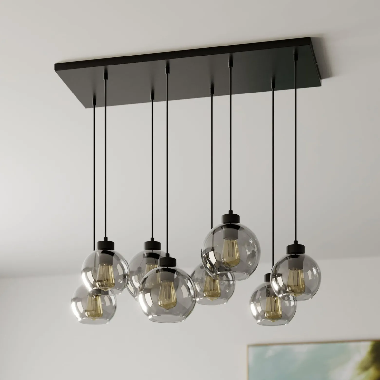 Hängeleuchte Cubus, 95 cm lang, 8-flammig, rauchgrau, Glas