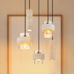 Hängeleuchte Daren, 5-flg., beige/amber/schwarz, E27 + GU10