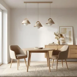 Hängeleuchte Funda, beige, Länge 110 cm, 3-flg., Metall/Glas