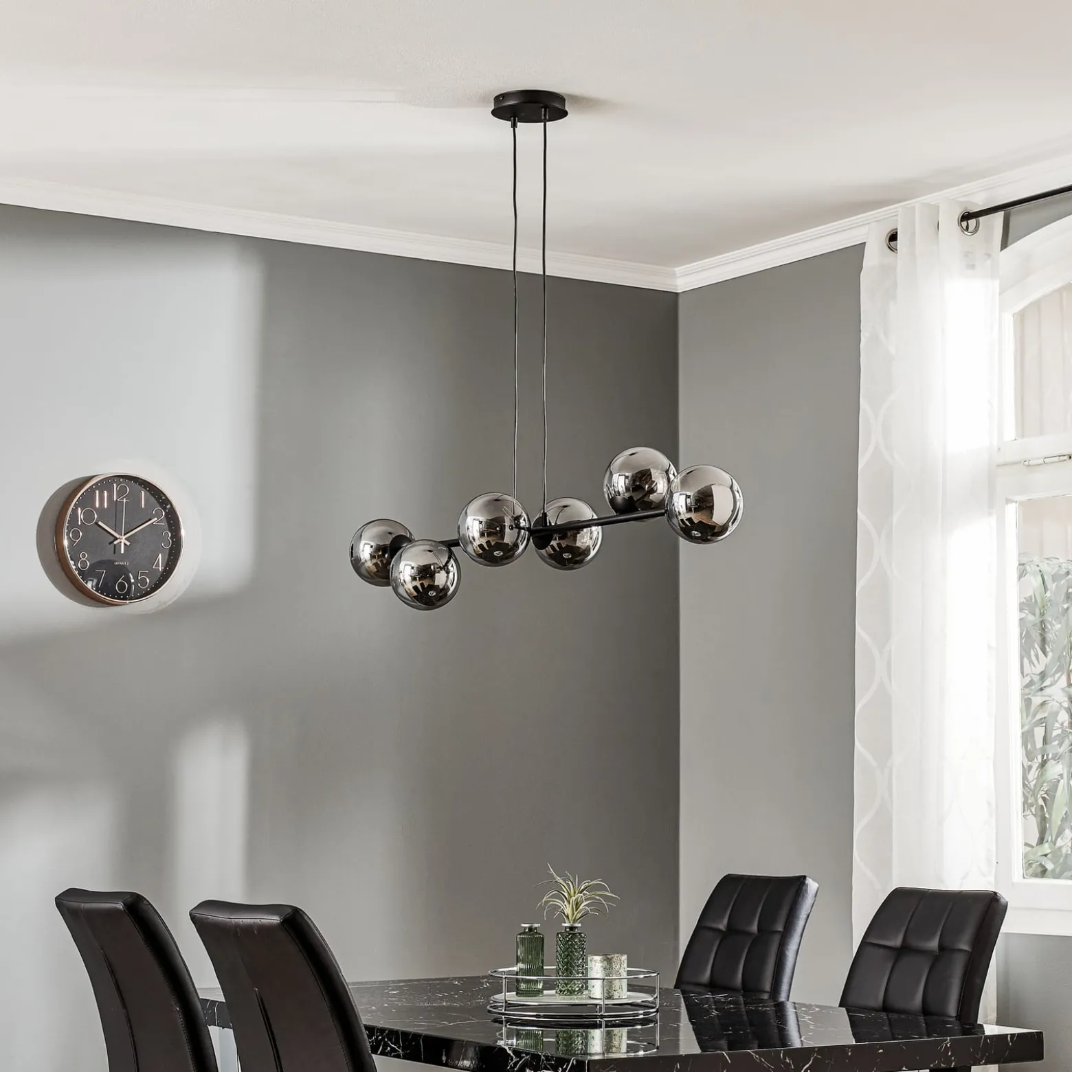 Hängeleuchte Glassy, 6-flammig, schwarz, grafit, Glas, 110cm