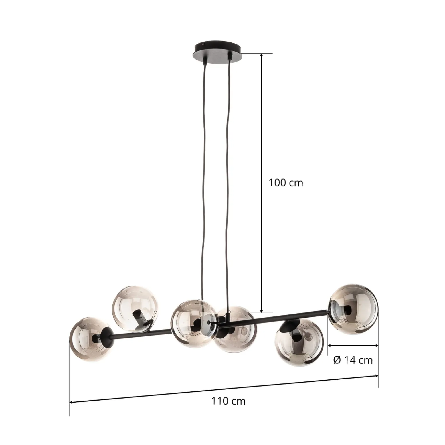 Hängeleuchte Glassy, 6-flammig, schwarz, grafit, Glas, 110cm