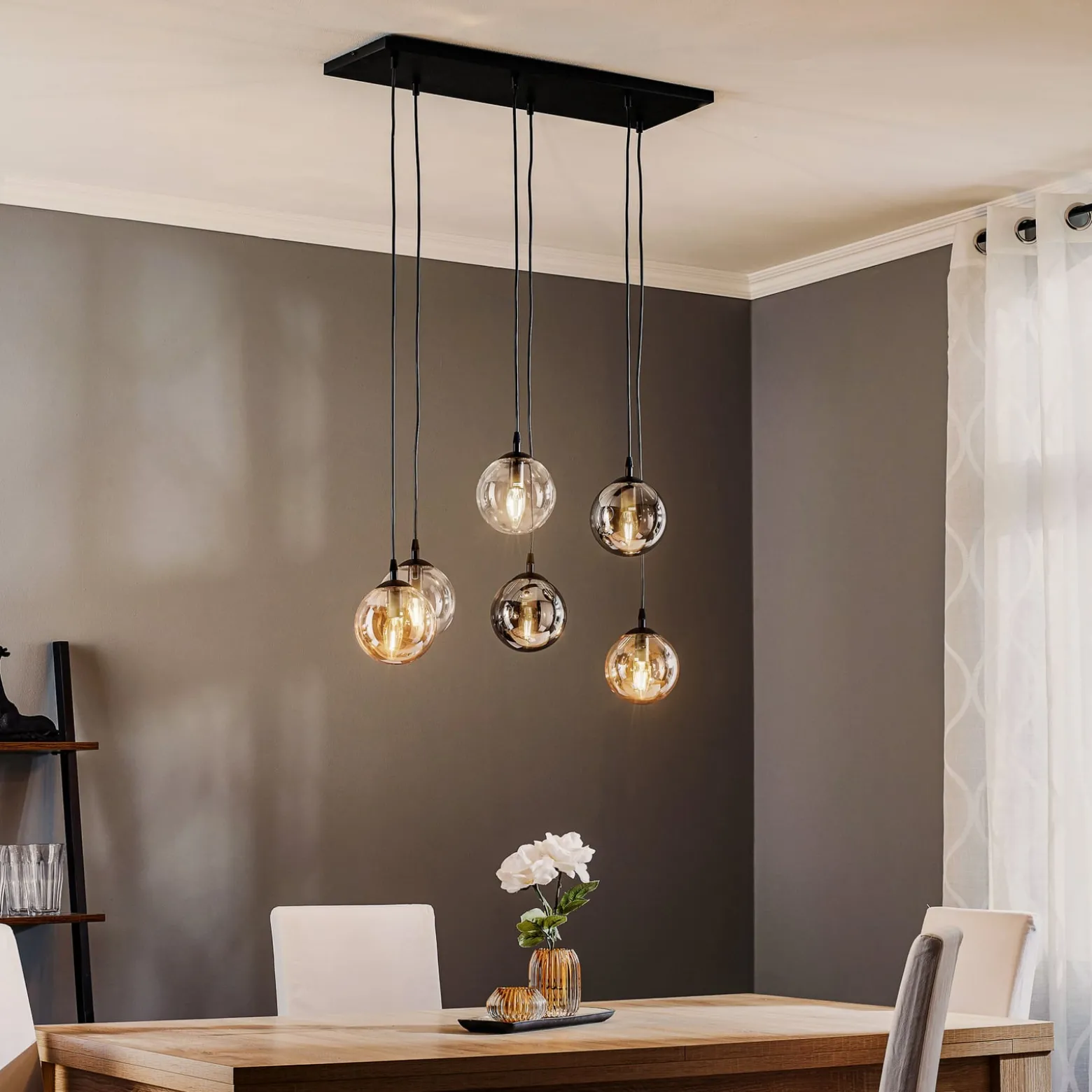Hängeleuchte Glassy, 6-flg., grafit/amber/klar, Glas, 75 cm