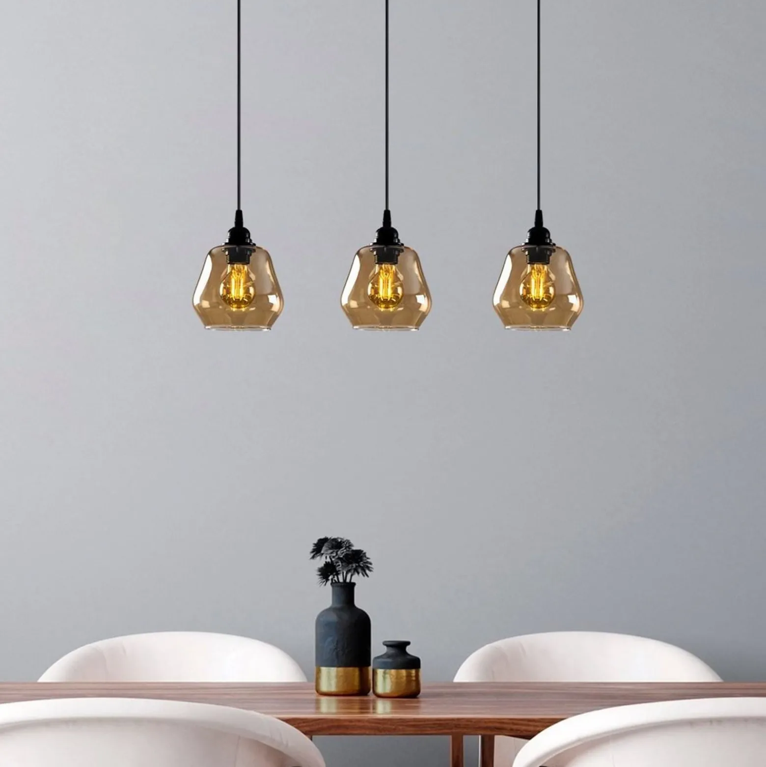 Hängeleuchte Gold 032, gold-transparent, Glas 3-flammig lang