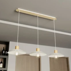 Hängeleuchte Kobe, dreiflammig, Stahl, Holz, weiß
