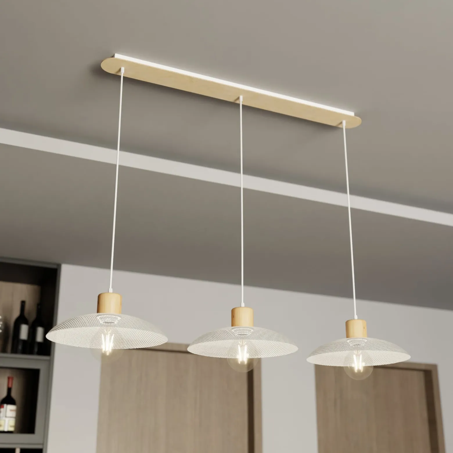 Hängeleuchte Kobe, dreiflammig, Stahl, Holz, weiß