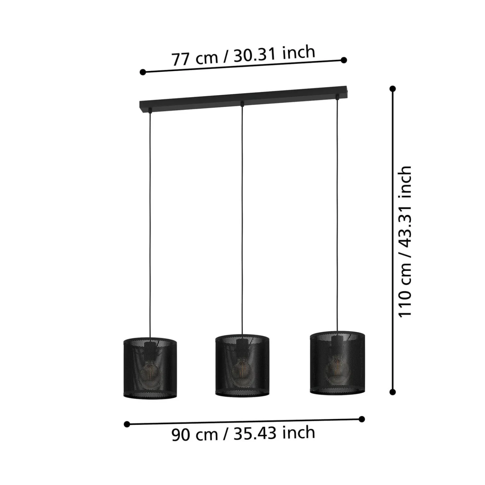 Hängeleuchte Manby, Länge 90 cm, schwarz, 3-flg., Stahl