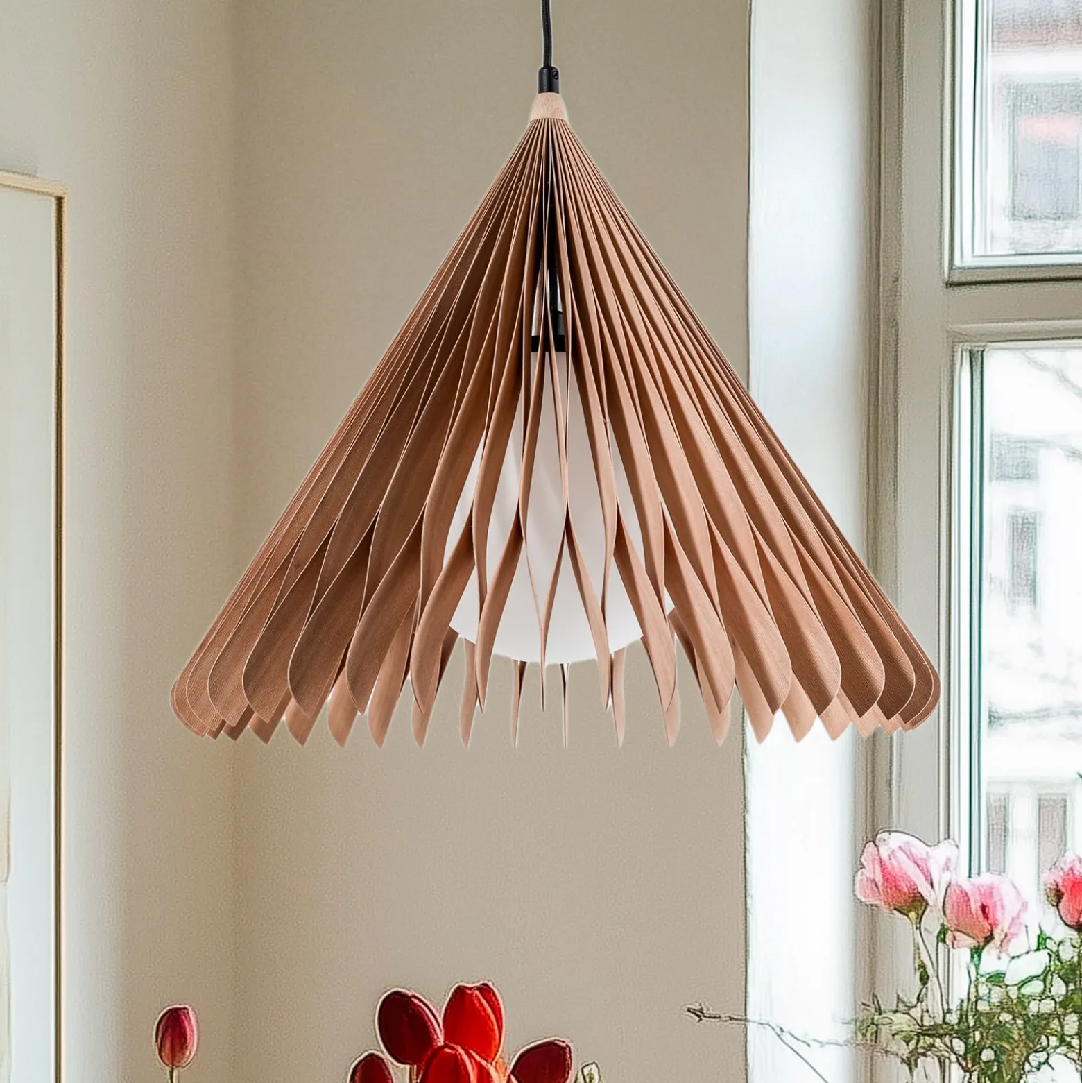 Hängeleuchte Nature Sun Glas XL, Kegel spitz, Ø 48 cm, Holz