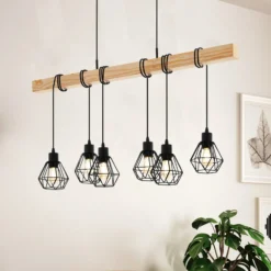 Hängeleuchte Townshend, Länge 100 cm, schwarz/eiche, 6-flg.