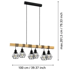 Hängeleuchte Townshend, Länge 100 cm, schwarz/eiche, 6-flg.