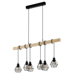 Hängeleuchte Townshend, Länge 100 cm, schwarz/eiche, 6-flg.