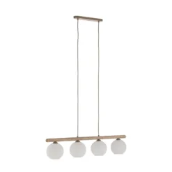Hängeleuchte Virlo, 4-flammig, Holz, Opalglas, Länge 95 cm