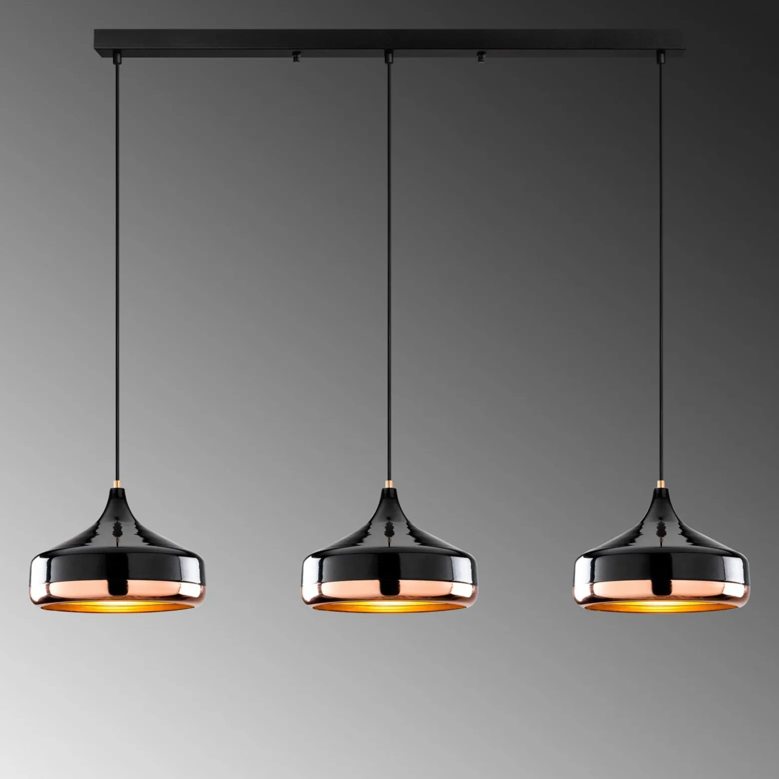 Hängeleuchte Yildo, Länge 146 cm, schwarz/kupfer, 3-flammig