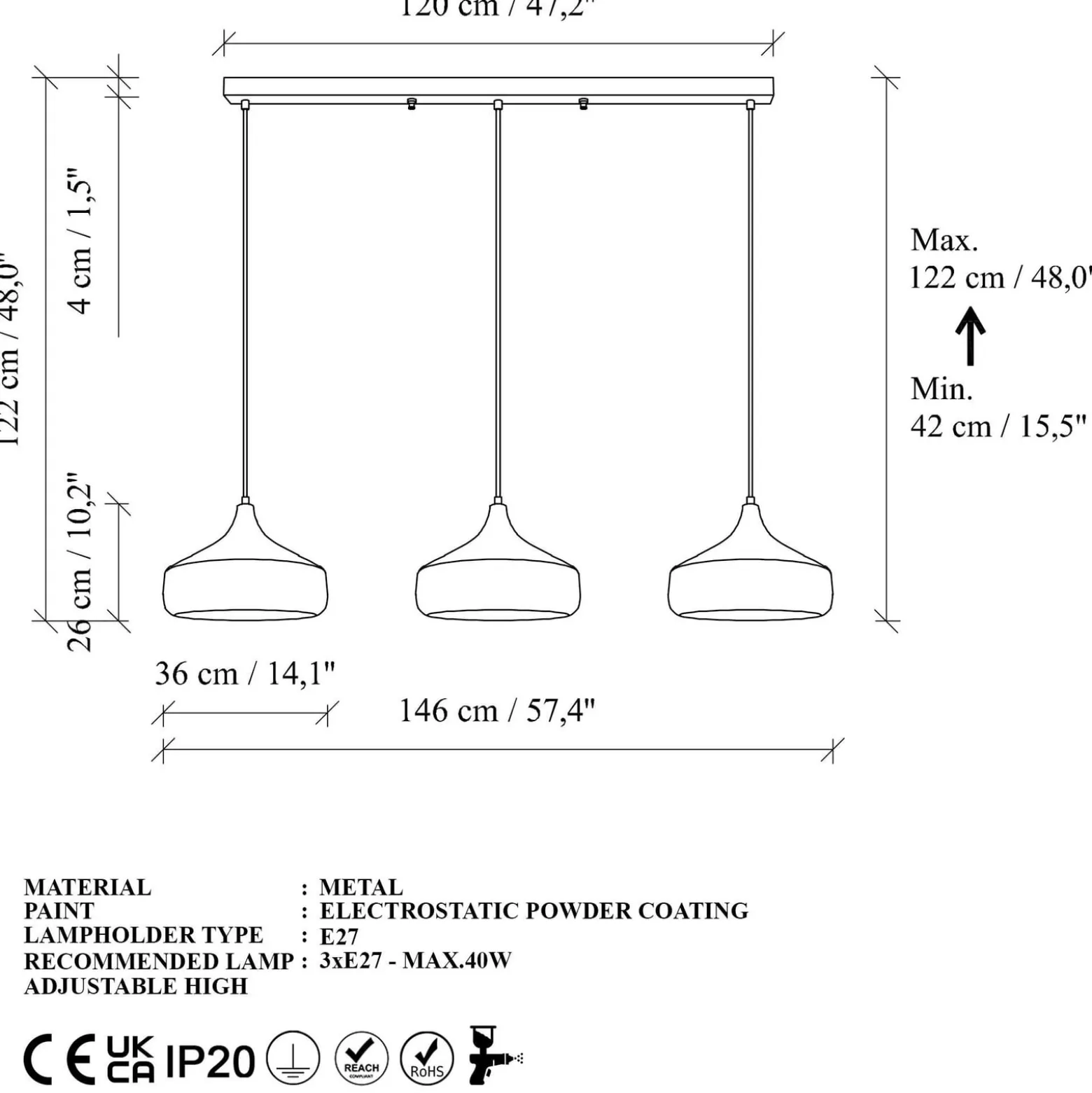 Hängeleuchte Yildo, Länge 146 cm, schwarz/kupfer, 3-flammig