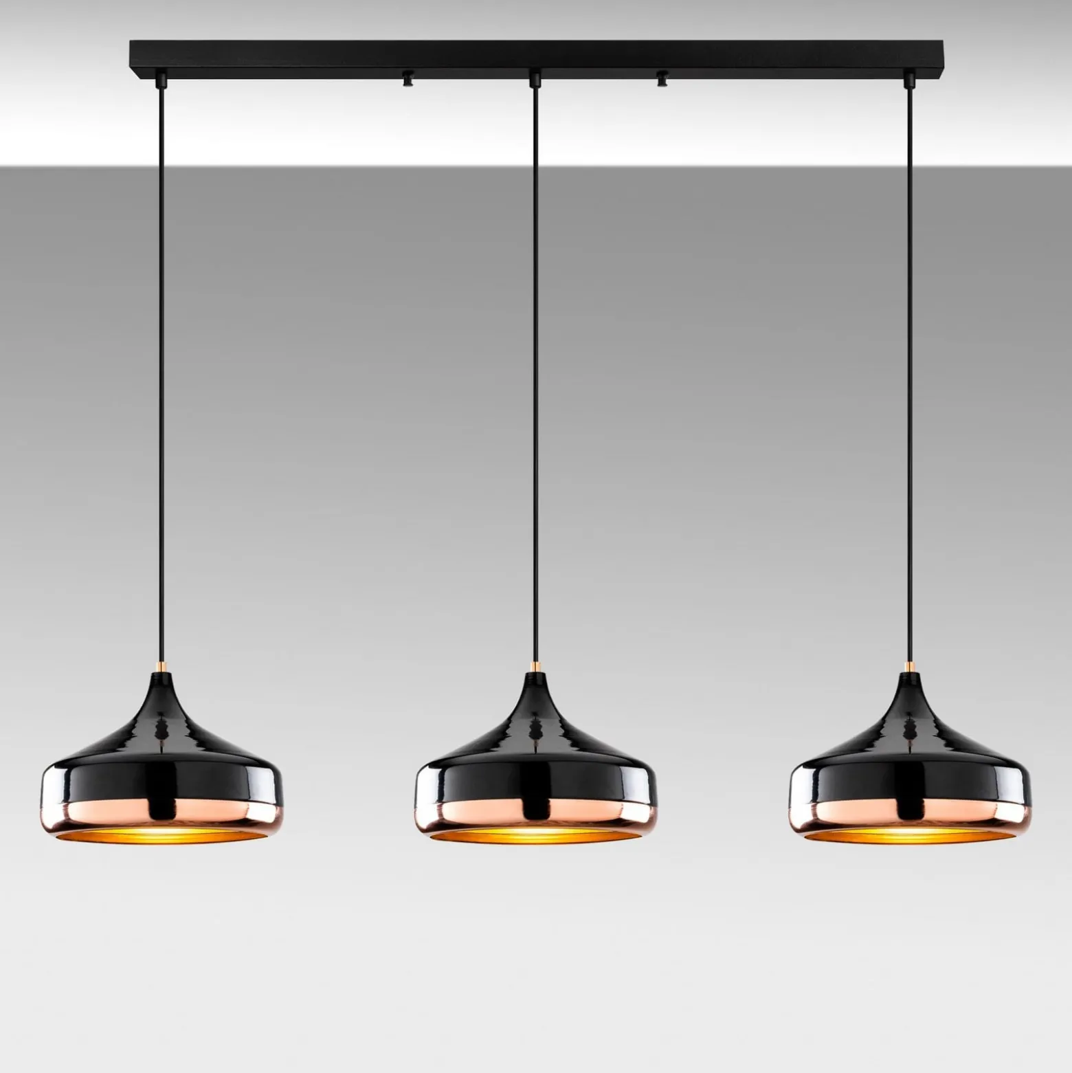 Hängeleuchte Yildo, Länge 146 cm, schwarz/kupfer, 3-flammig