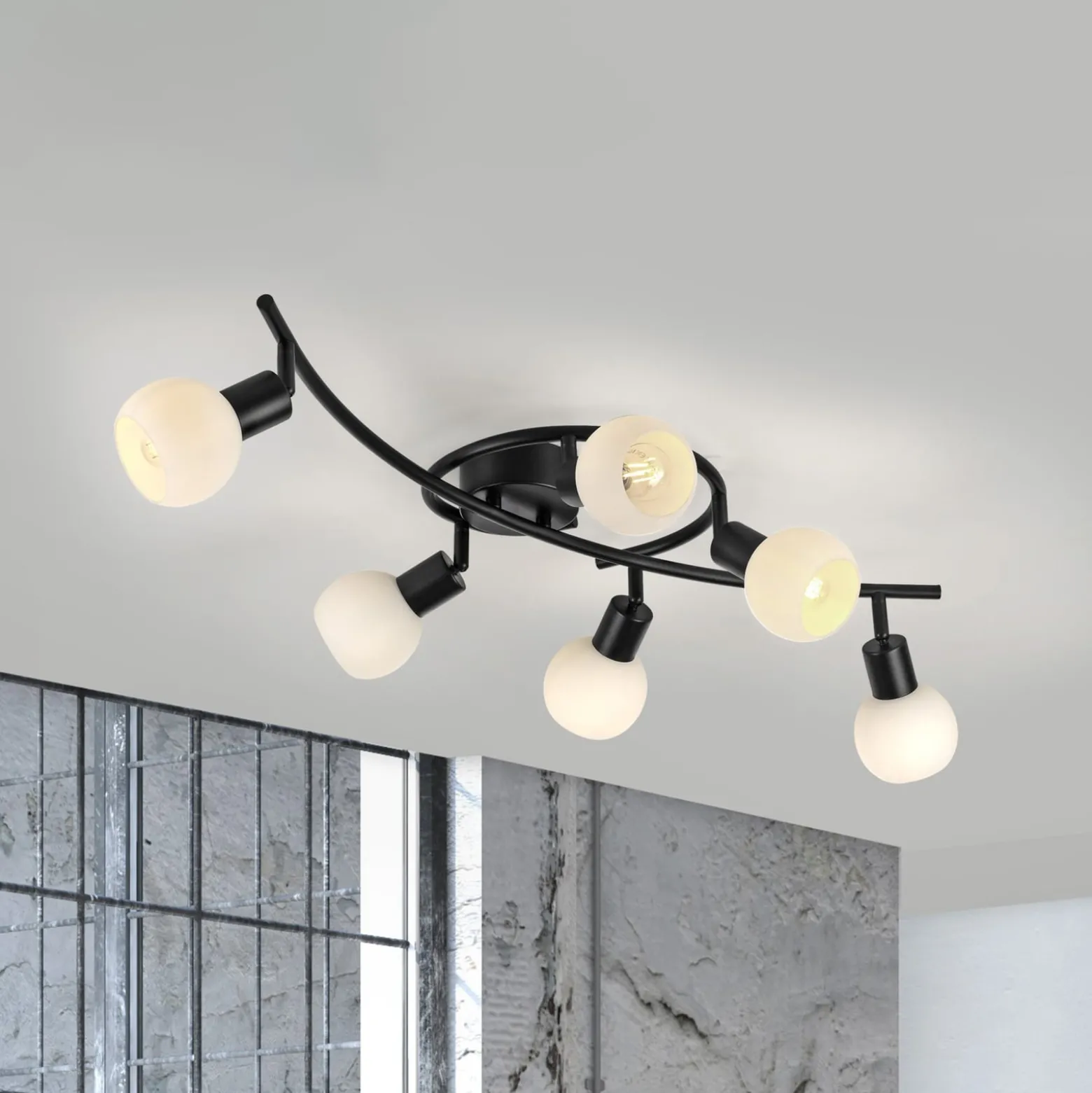 JUST LIGHT. Deckenleuchte Loki, 6-fl., schwarz, Eisen, Glas
