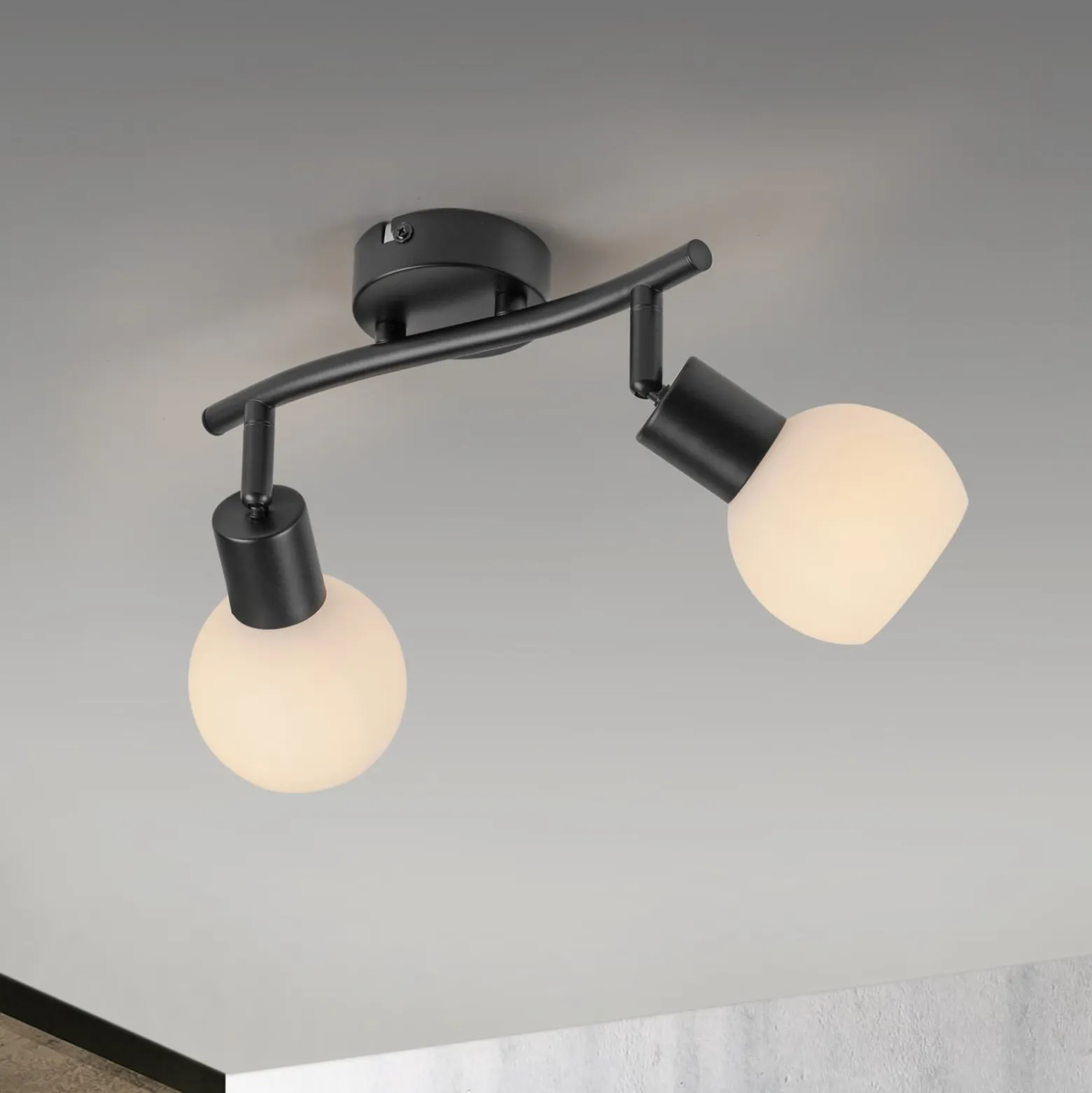 JUST LIGHT. Deckenleuchte Loki, 2-fl., schwarz, Eisen, Glas