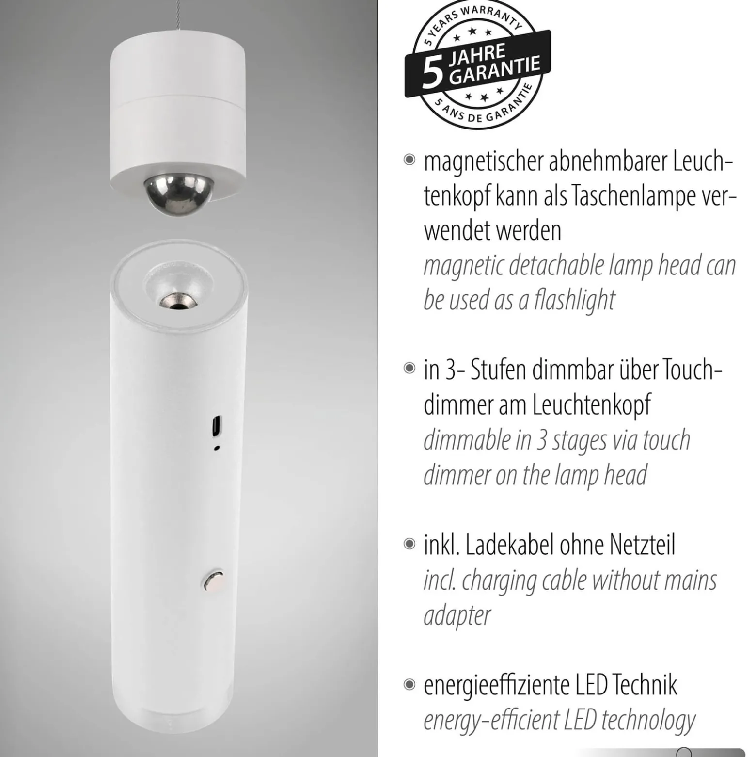 JUST LIGHT. LED-Akku-Hängeleuchte Attach, weiß, Eisen