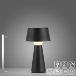 JUST LIGHT. LED-Akkutischlampe Abera schwarz Kunststoff IP54