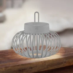 JUST LIGHT. LED-Akku-Tischlampe Akuba grau-beige 22cm Bambus