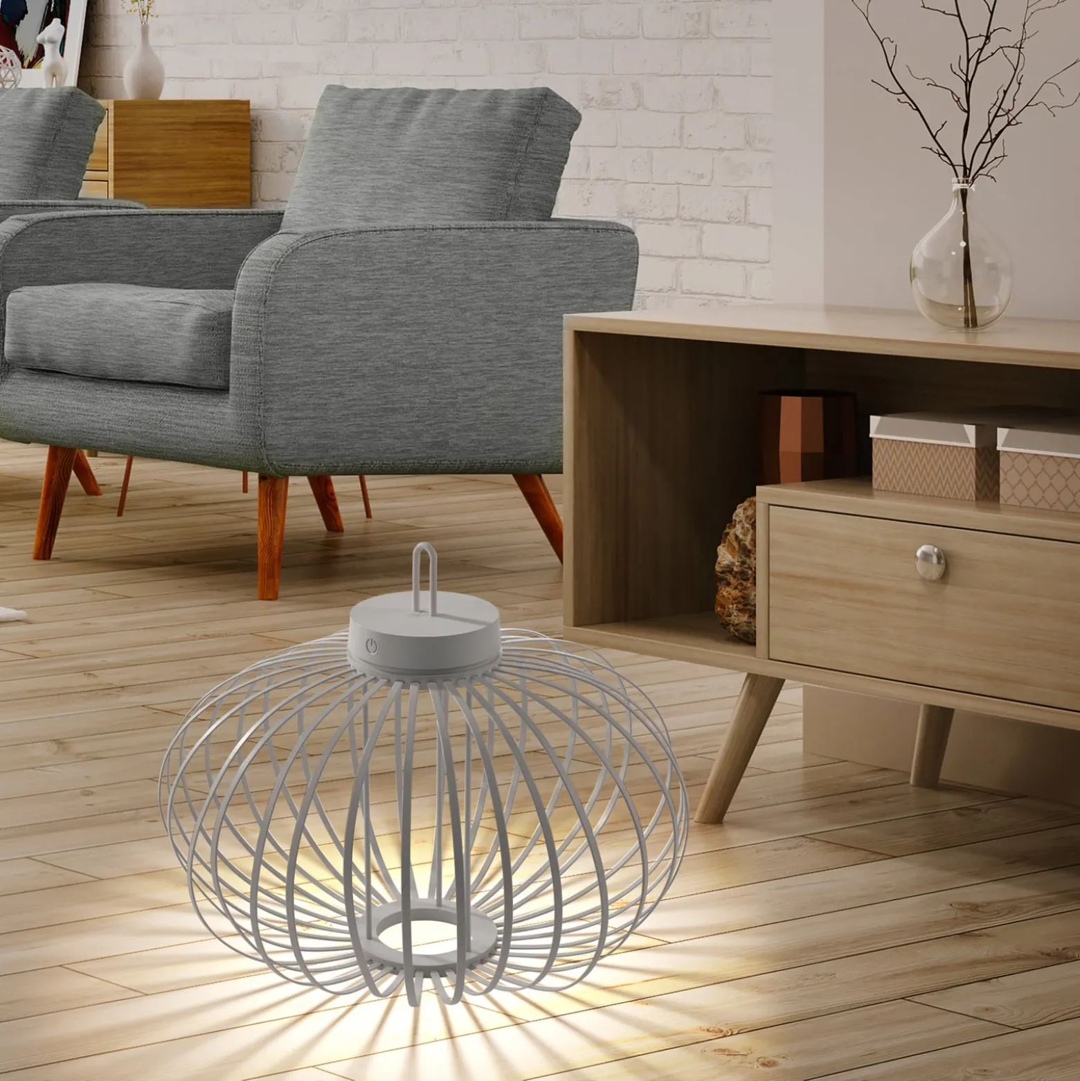 JUST LIGHT. LED-Akku-Tischlampe Akuba grau-beige 37cm Bambus