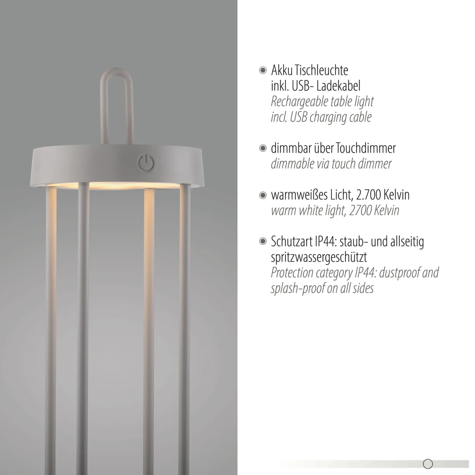 JUST LIGHT. LED-Akku-Tischlampe Anselm grau-beige 50cm Eisen
