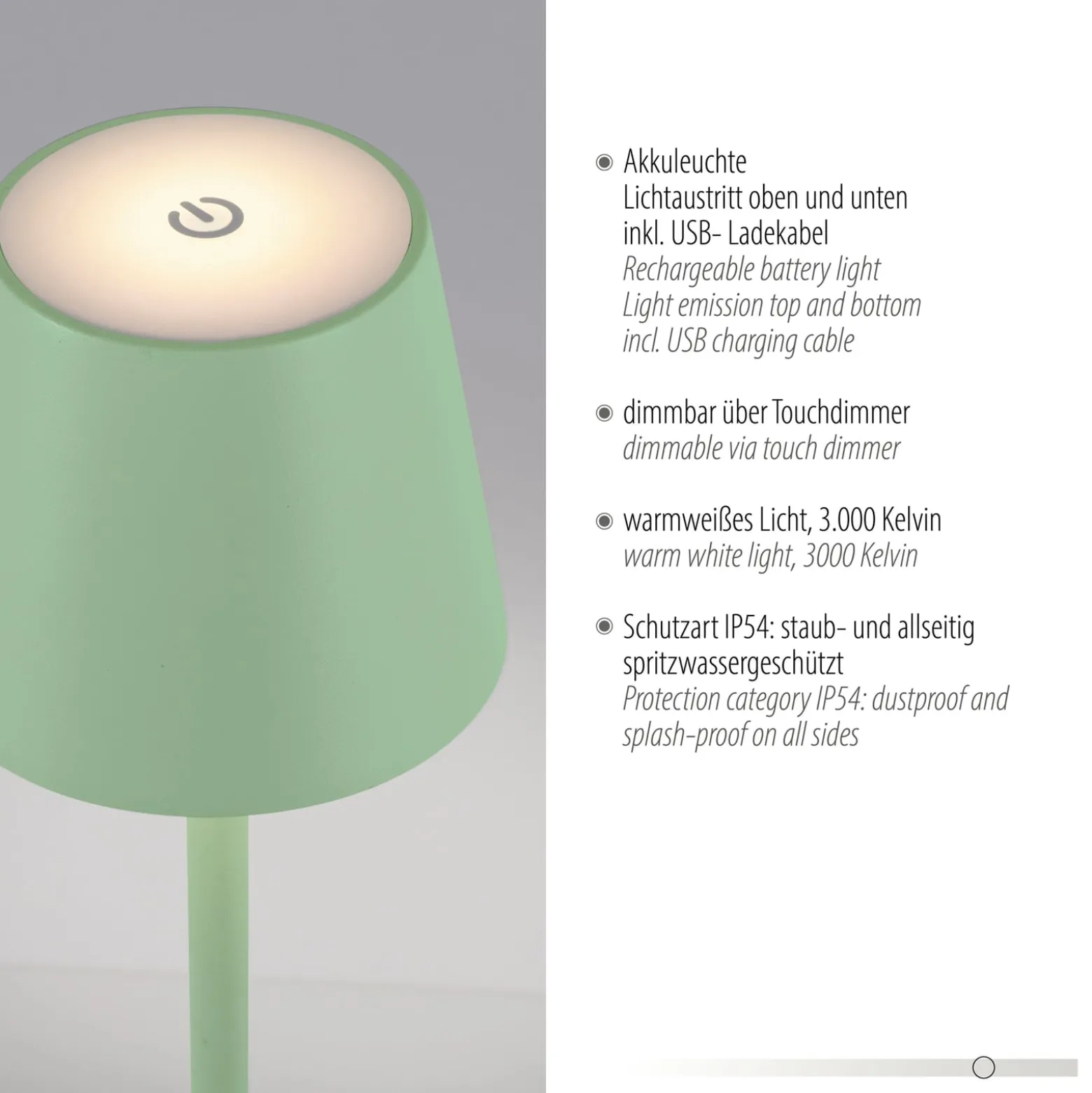JUST LIGHT. LED-Akku-Tischleuchte Euria, grün, Eisen, IP54