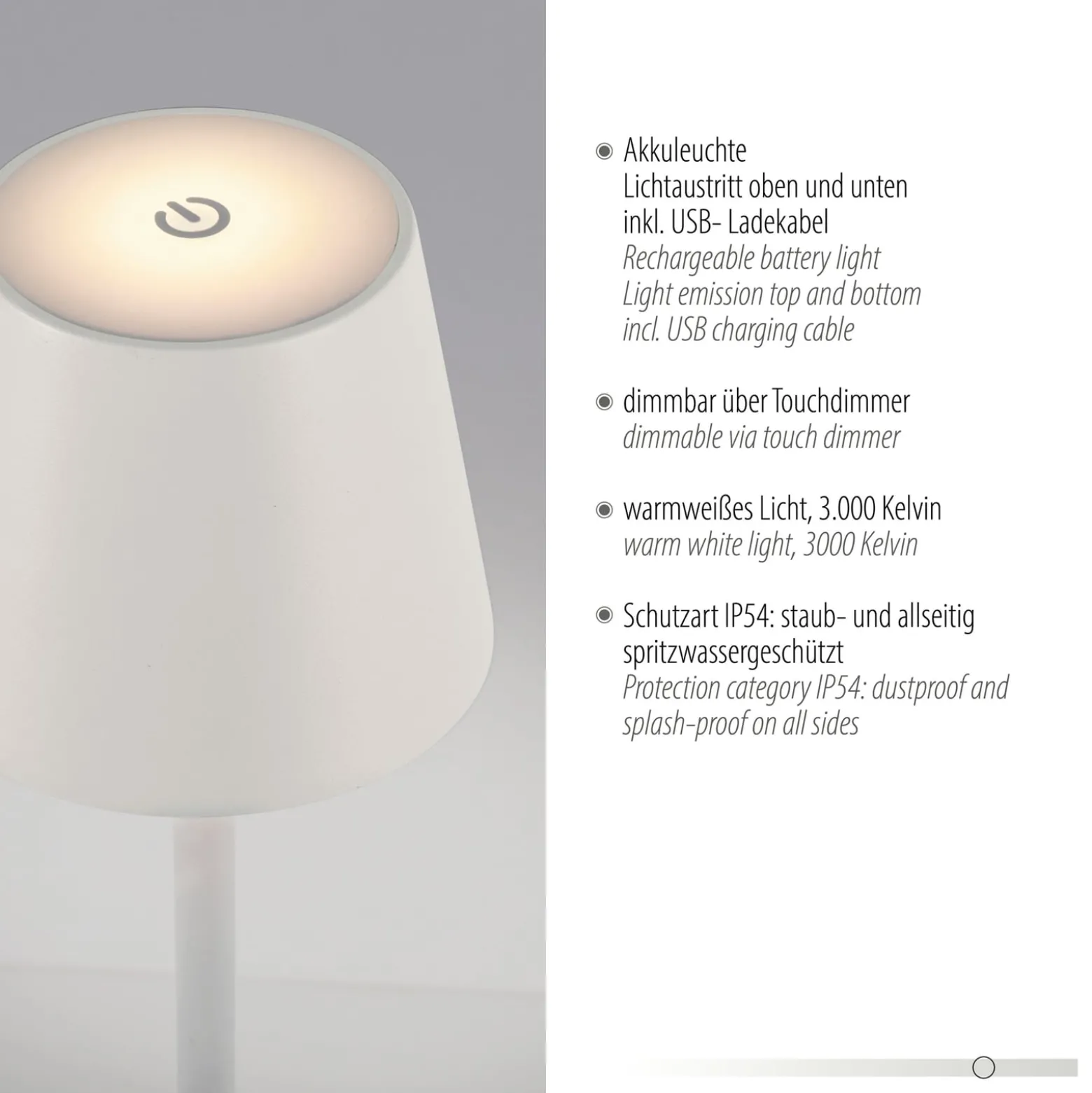JUST LIGHT. LED-Akku-Tischleuchte Euria, weiß, Eisen, IP54
