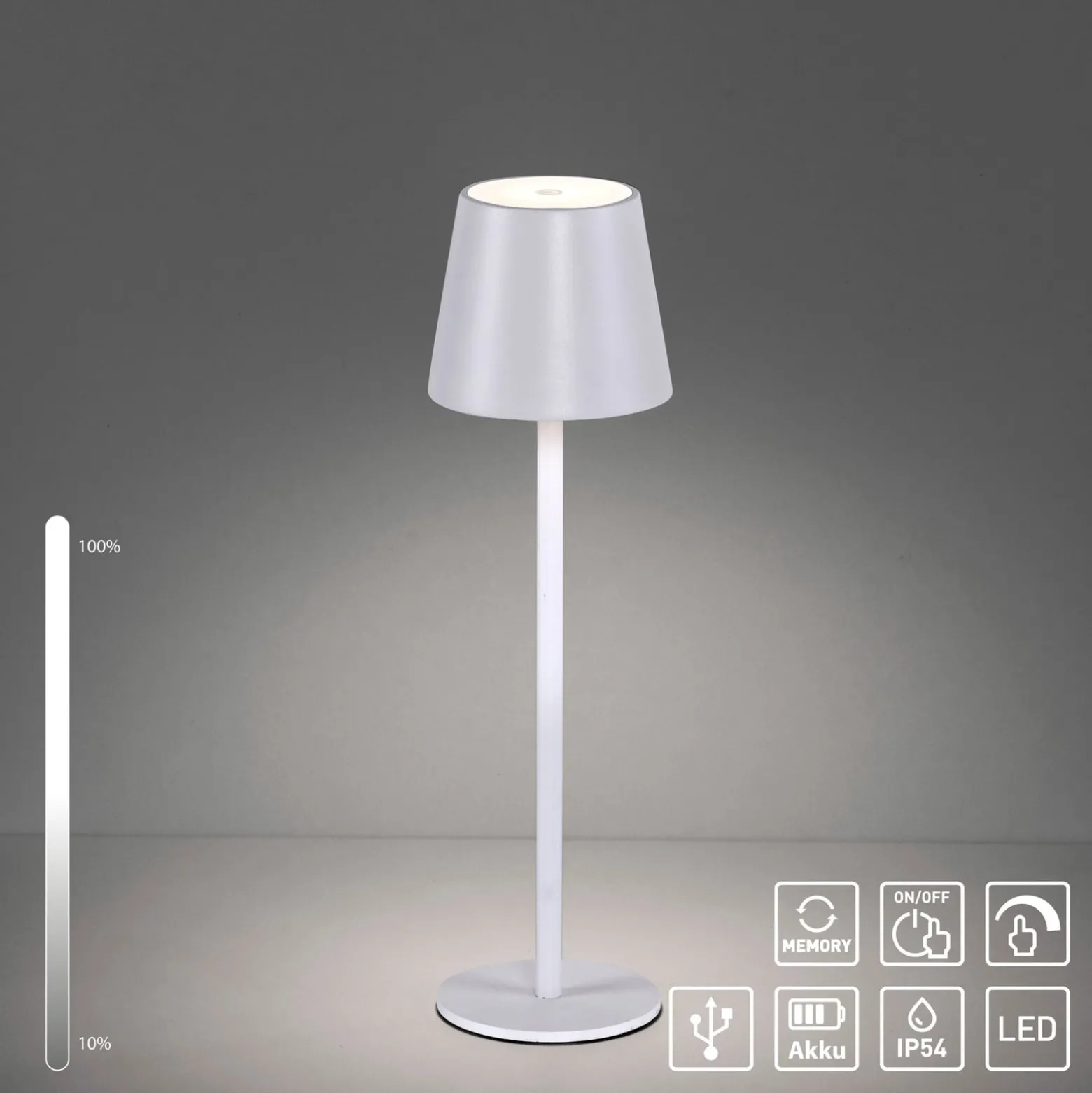 JUST LIGHT. LED-Akku-Tischleuchte Euria, weiß, Eisen, IP54