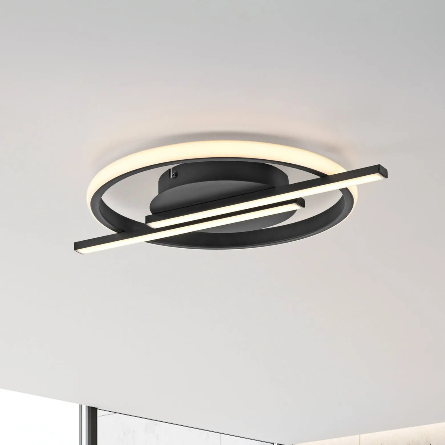 JUST LIGHT. LED-Deckenleuchte Korsa, schwarz, Ø31cm, dimmbar