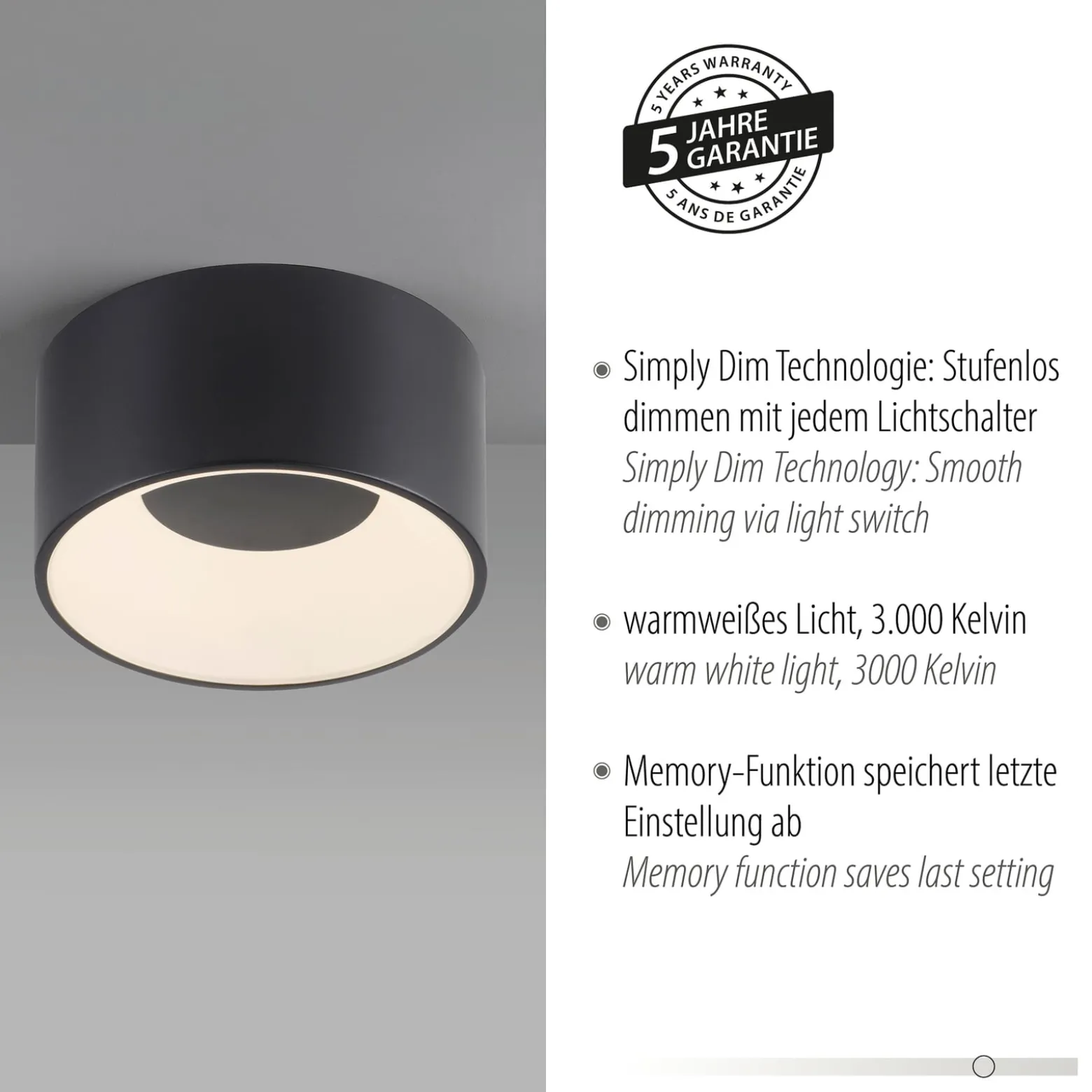 JUST LIGHT. LED-Deckenleuchte Tanika schwarz, Ø16cm, dimmbar