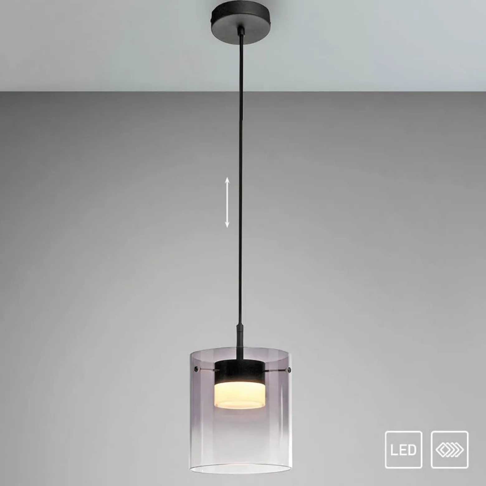 JUST LIGHT. LED-Hängeleuchte Elio, Rauchglas, 1-fl., schwarz