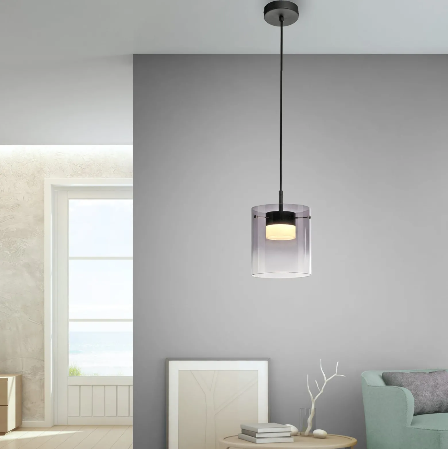 JUST LIGHT. LED-Hängeleuchte Elio, Rauchglas, 1-fl., schwarz