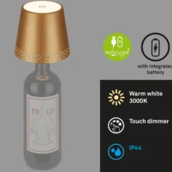 LED-Akku-Flaschenlicht IP44 mit Dimmer, gold