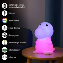 LED-Akku-Nachttischlampe Dinosauro, Dino, weiß, RGB, dimmbar