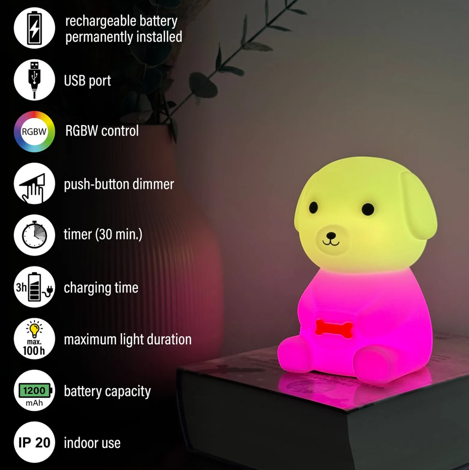 LED-Akku-Nachttischleuchte Puppy, Hund, weiß, RGB, dimmbar