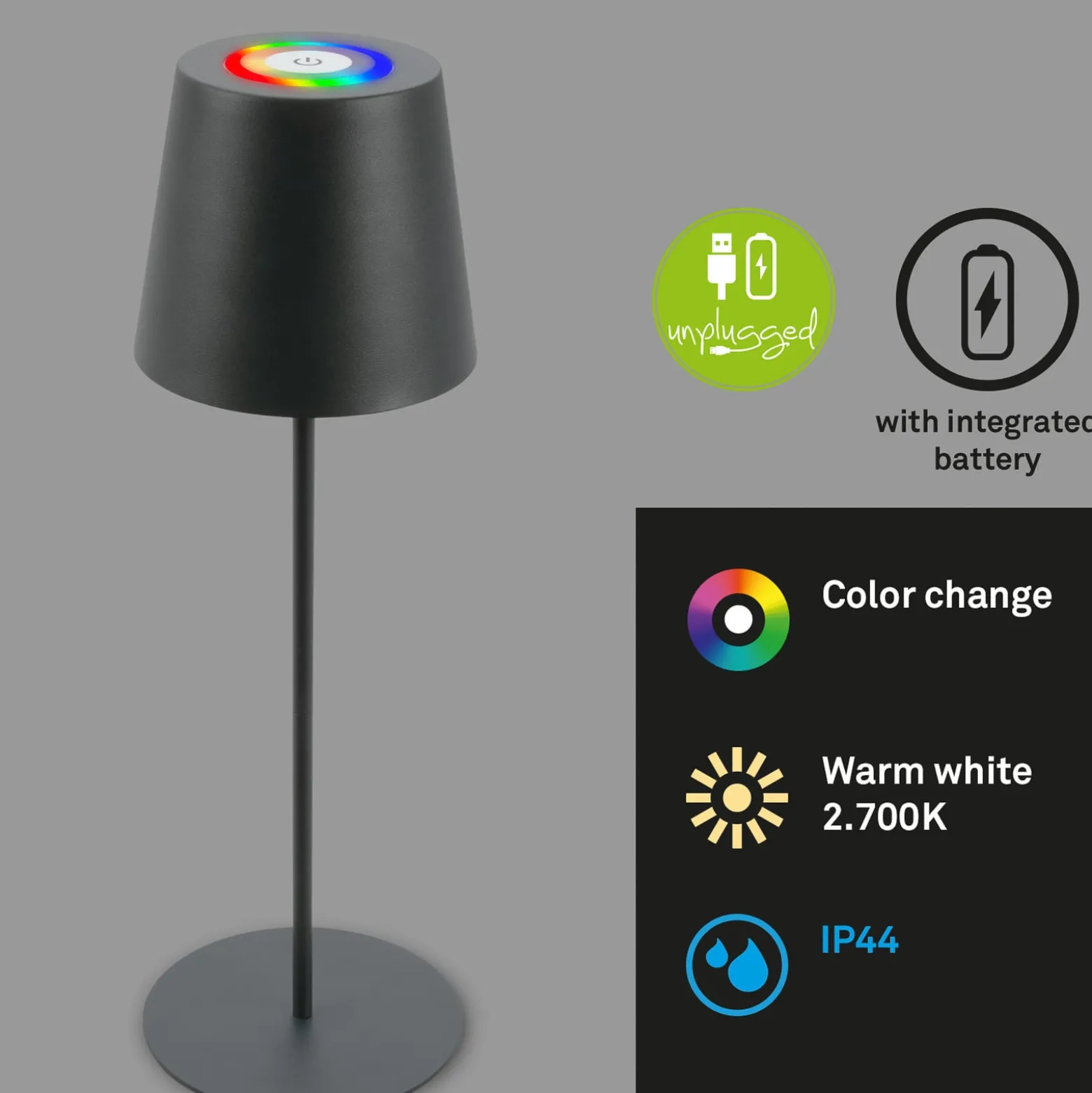 LED-Akku-Tischlampe 7507015, anthrazit RGBW IP44 Touchdimmer