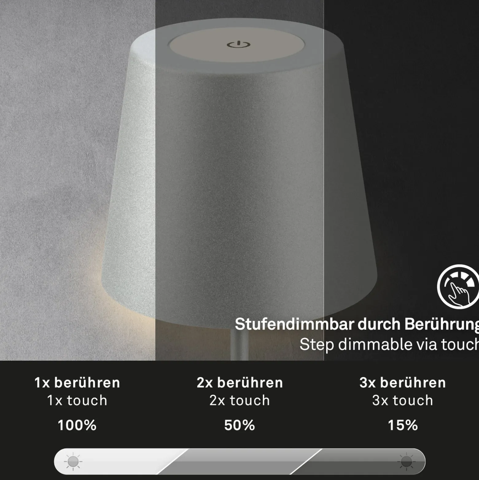 LED-Akku-Tischlampe 7508014 chrom matt 2.700 K IP44 Touchdim