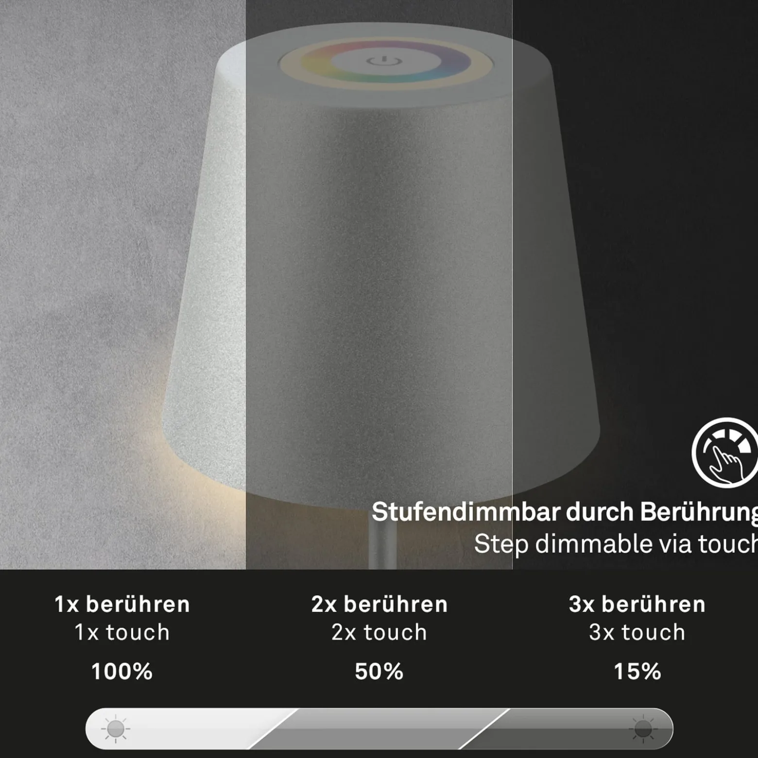 LED-Akku-Tischlampe 7507015 chrom matt RGBW IP44 Touchdimmer