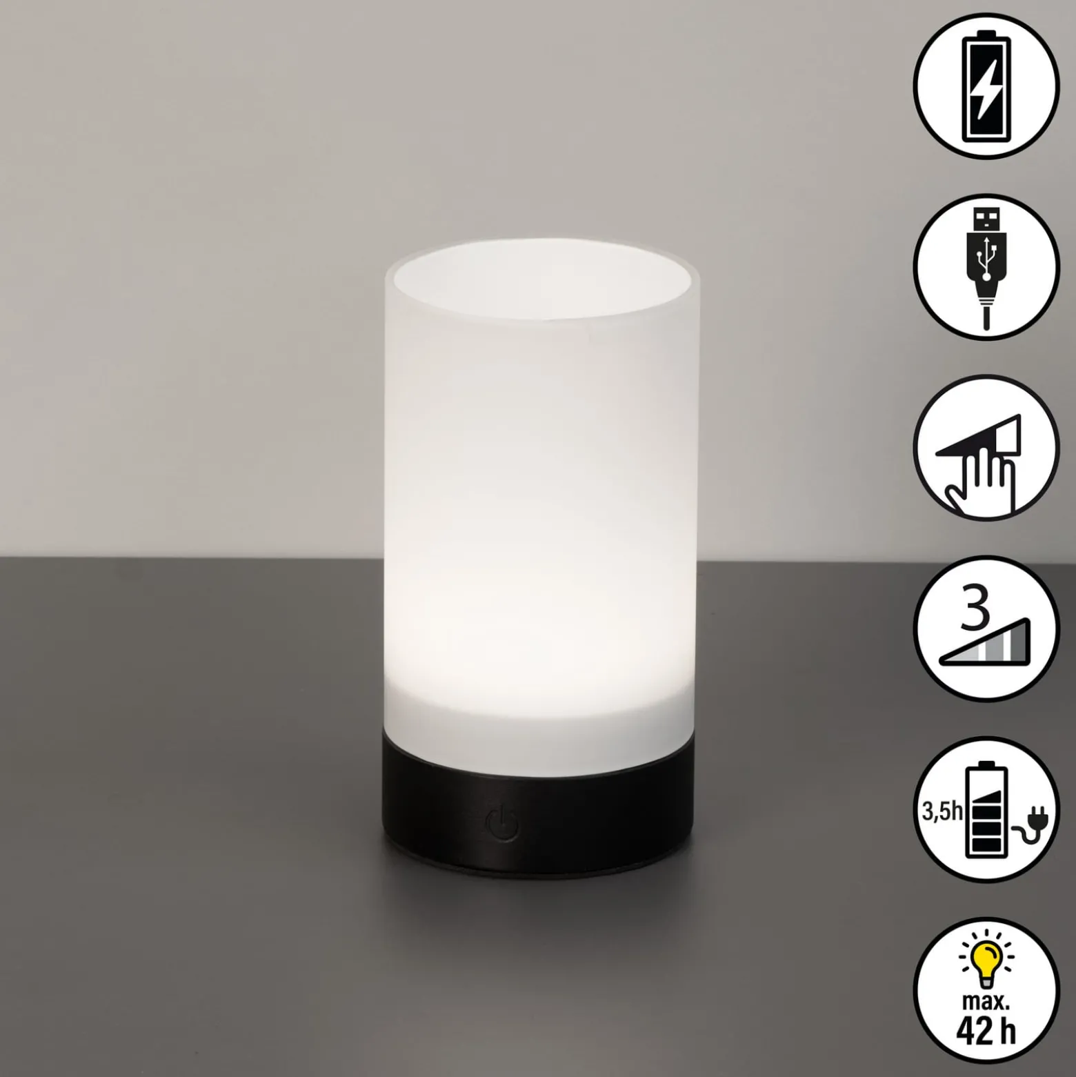 LED-Akku-Tischlampe Fenya, schwarz/opal matt Höhe 14 cm IP54