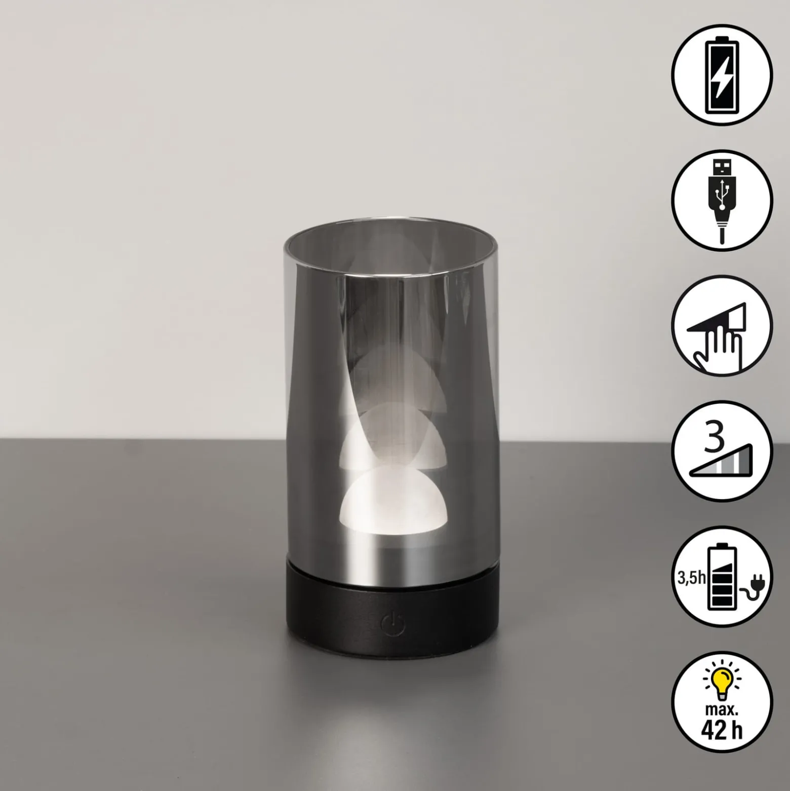 LED-Akku-Tischlampe Fenya, schwarz/rauchgrau Höhe 14 cm IP54