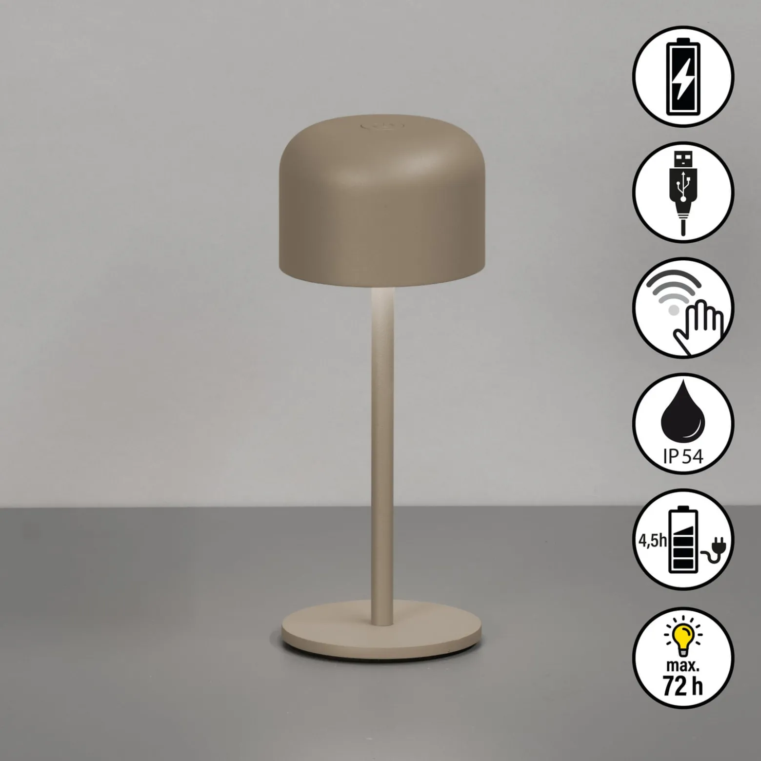 LED-Akku-Tischlampe Finley grau-braun Höhe 22 cm Metall IP54