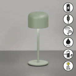 LED-Akku-Tischlampe Finley salbeigrün Höhe 22 cm Metall IP54