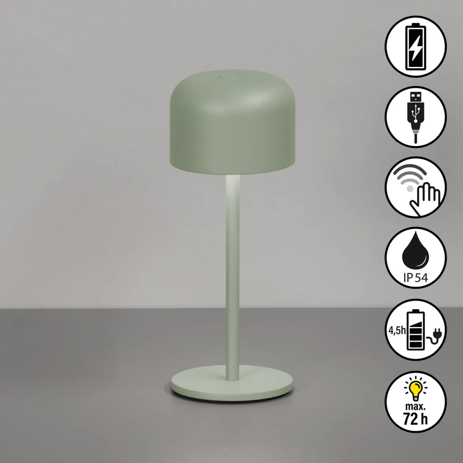 LED-Akku-Tischlampe Finley salbeigrün Höhe 22 cm Metall IP54