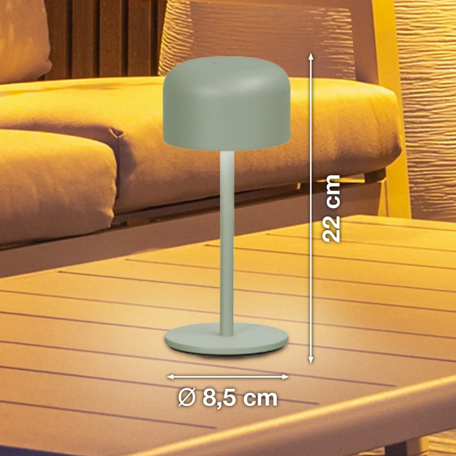 LED-Akku-Tischlampe Finley salbeigrün Höhe 22 cm Metall IP54