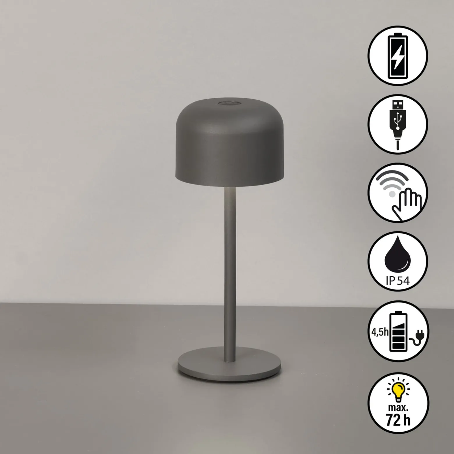LED-Akku-Tischlampe Finley, sandgrau Höhe 22 cm Metall, IP54