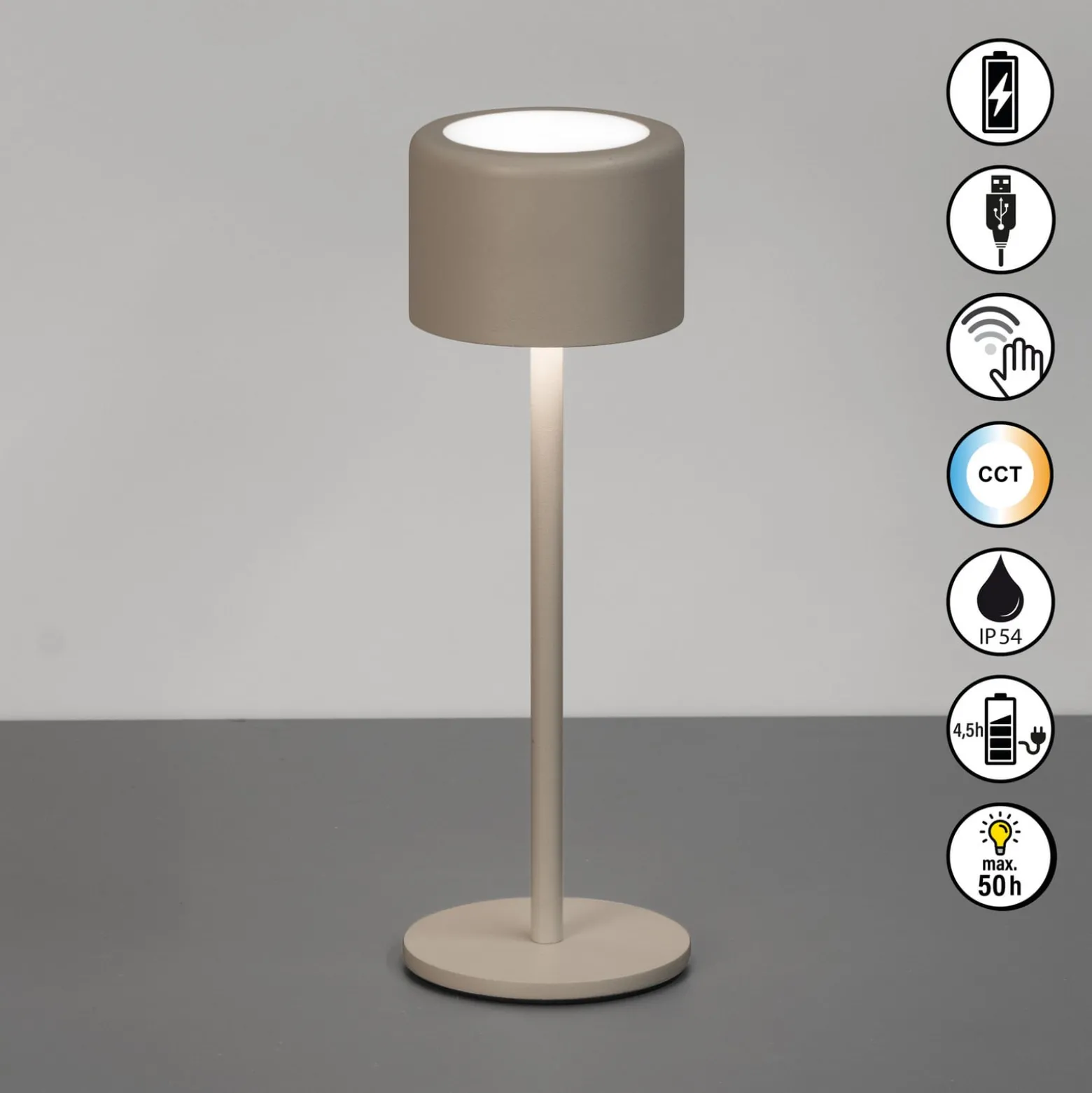 LED-Akku-Tischlampe Juna, grau-braun Höhe 25 cm Metall, IP54