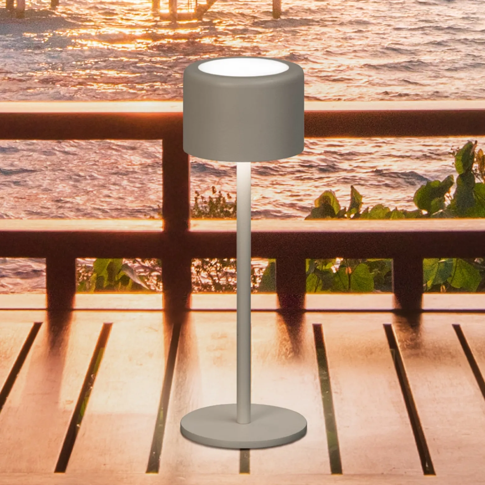 LED-Akku-Tischlampe Juna, grau-braun Höhe 25 cm Metall, IP54