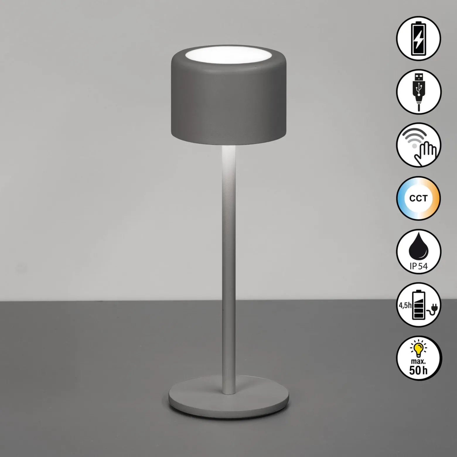 LED-Akku-Tischlampe Juna, sandgrau Höhe 25 cm Metall, IP54